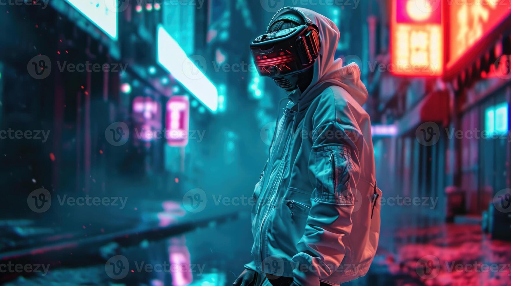 Step into the future with confidence in this ensemble, complete with hightech augmented reality glasses, a digitally enhanced hoodie, and innovative techinfused boots. photo