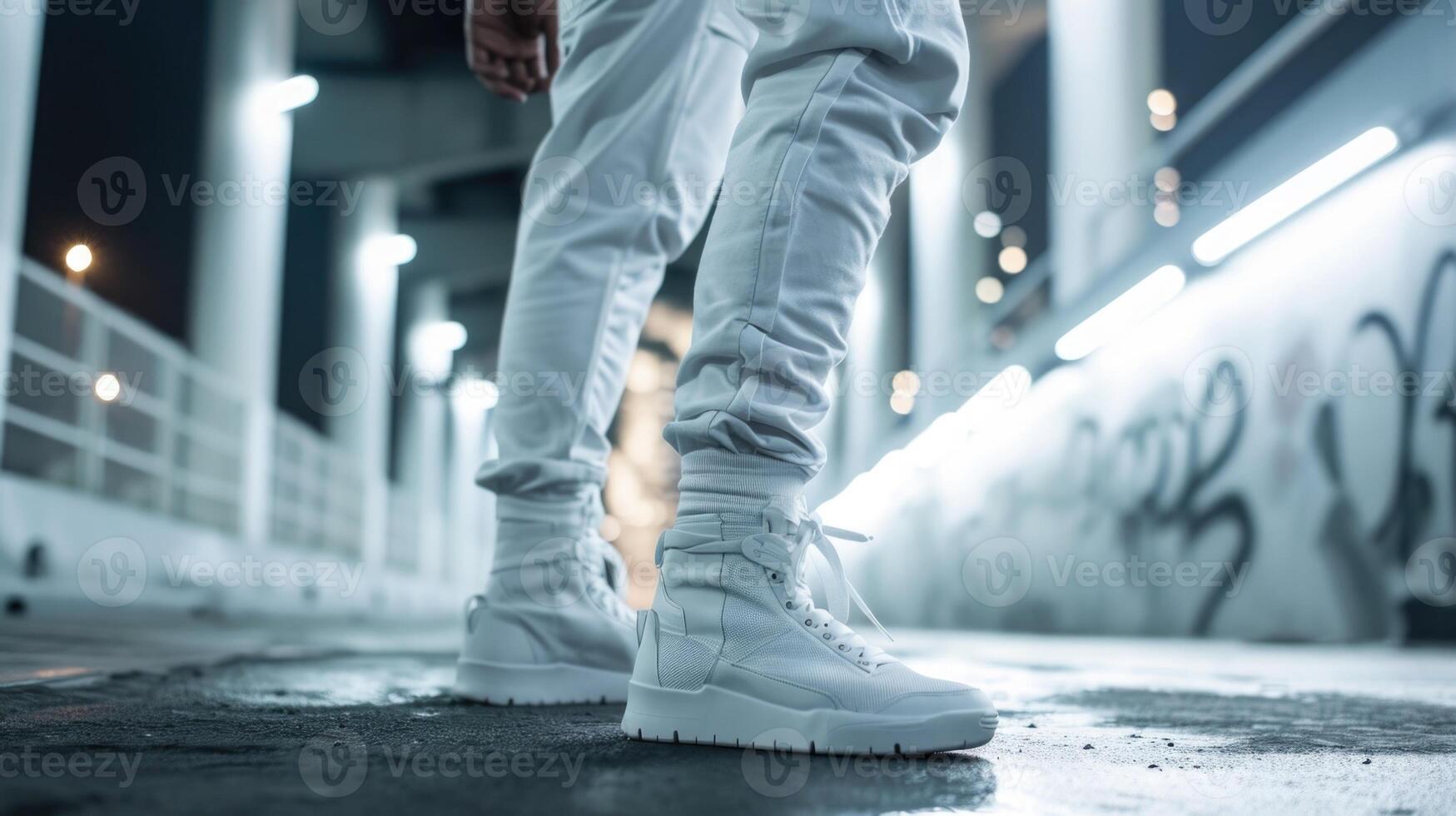 Sleek in all white Take monochromatic streetwear to the next level with an allwhite outfit, consisting of a white tshirt, white joggers, and white hightop sneakers. photo