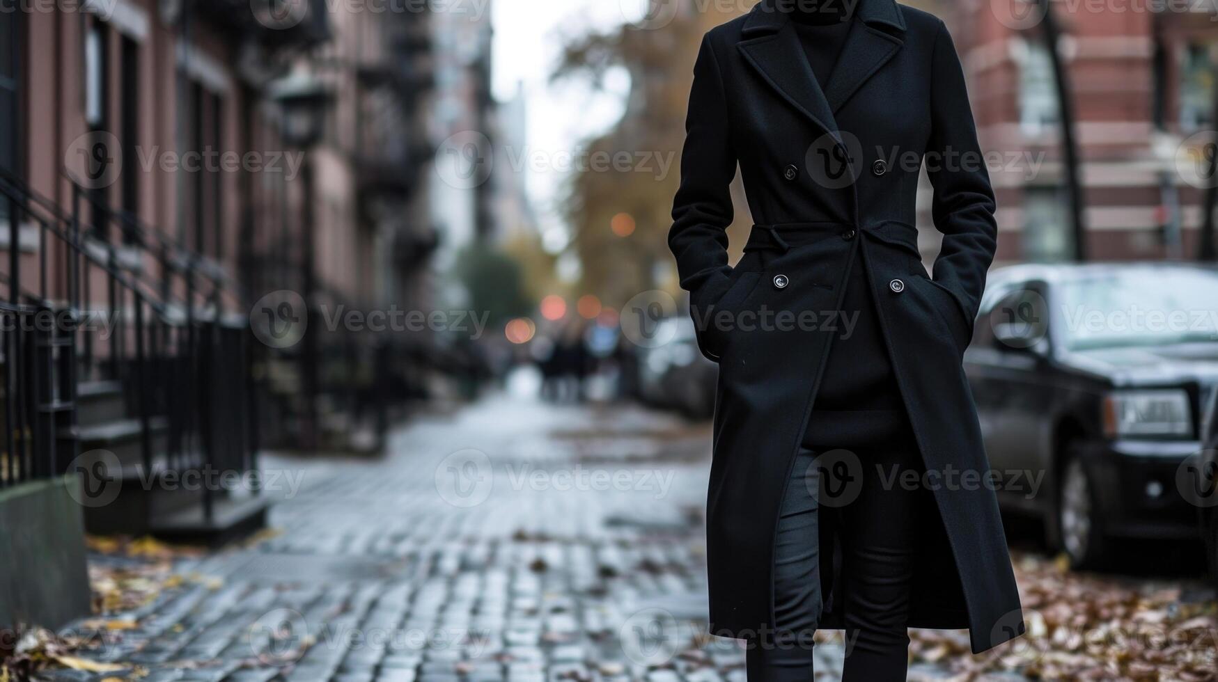Effortlessly elegant A sleek black long varsity coat, layered over a cashmere turtleneck sweater and tailored black skinny trousers for a sophisticated and elegant look. photo