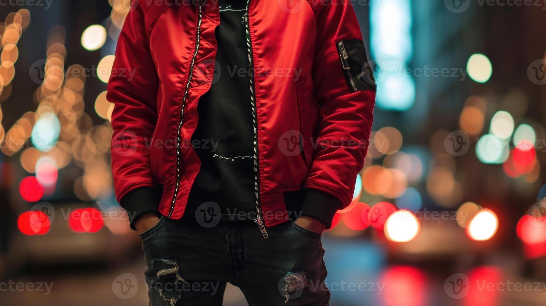 Effortlessly cool Elevate your casual style with a red bomber jacket, black graphic tee, and slimfitting dark jeans. photo