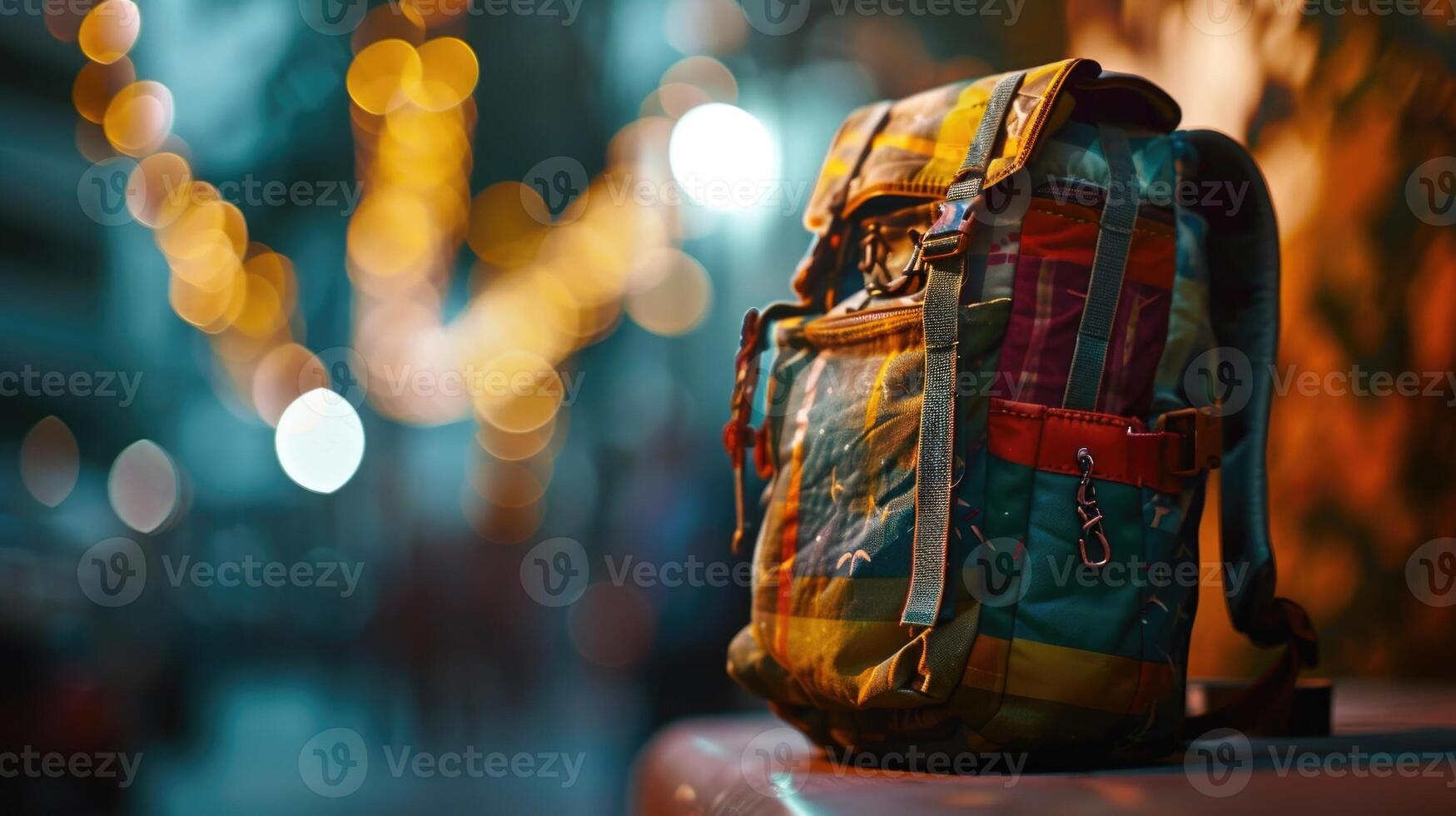 A backpack crafted from upcycled materials such as old banner flags and bicycle inner tubes, making a bold fashion statement while promoting sustainability. photo