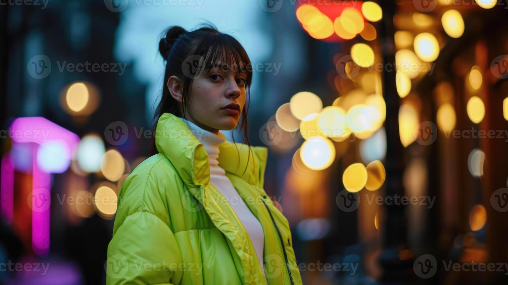 Embrace the neon trend with this eyecatching outfit featuring a neon green puffer jacket, paired with a timeless white turtleneck and sophisticated black trousers. photo
