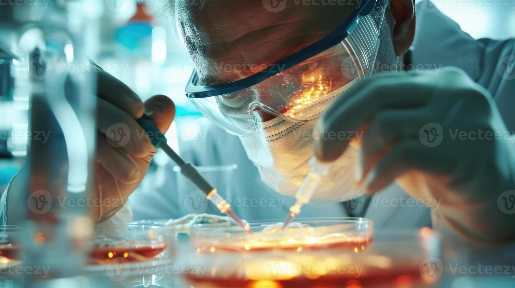 Closeup of a biotech engineer, wearing a face mask and goggles, injecting a solution into a petri dish filled with genetically modified cells. photo