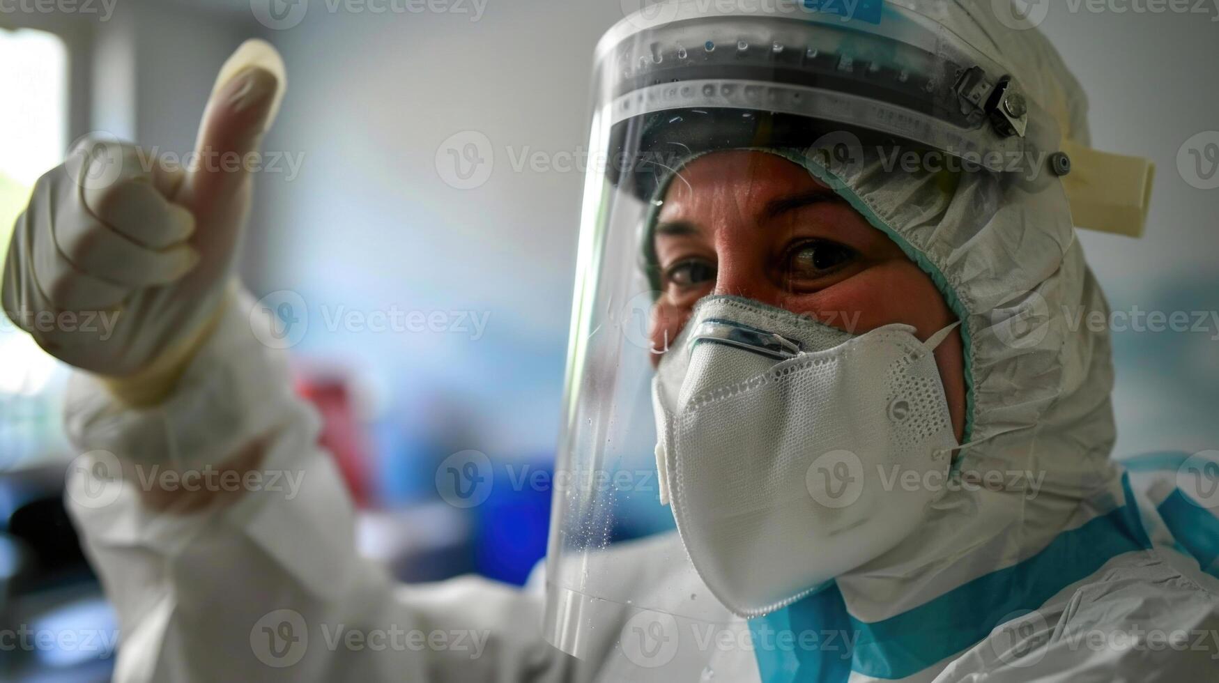 A smiling nurse in full protective gear, giving a thumbs up to a patient in isolation to lift their spirits. photo