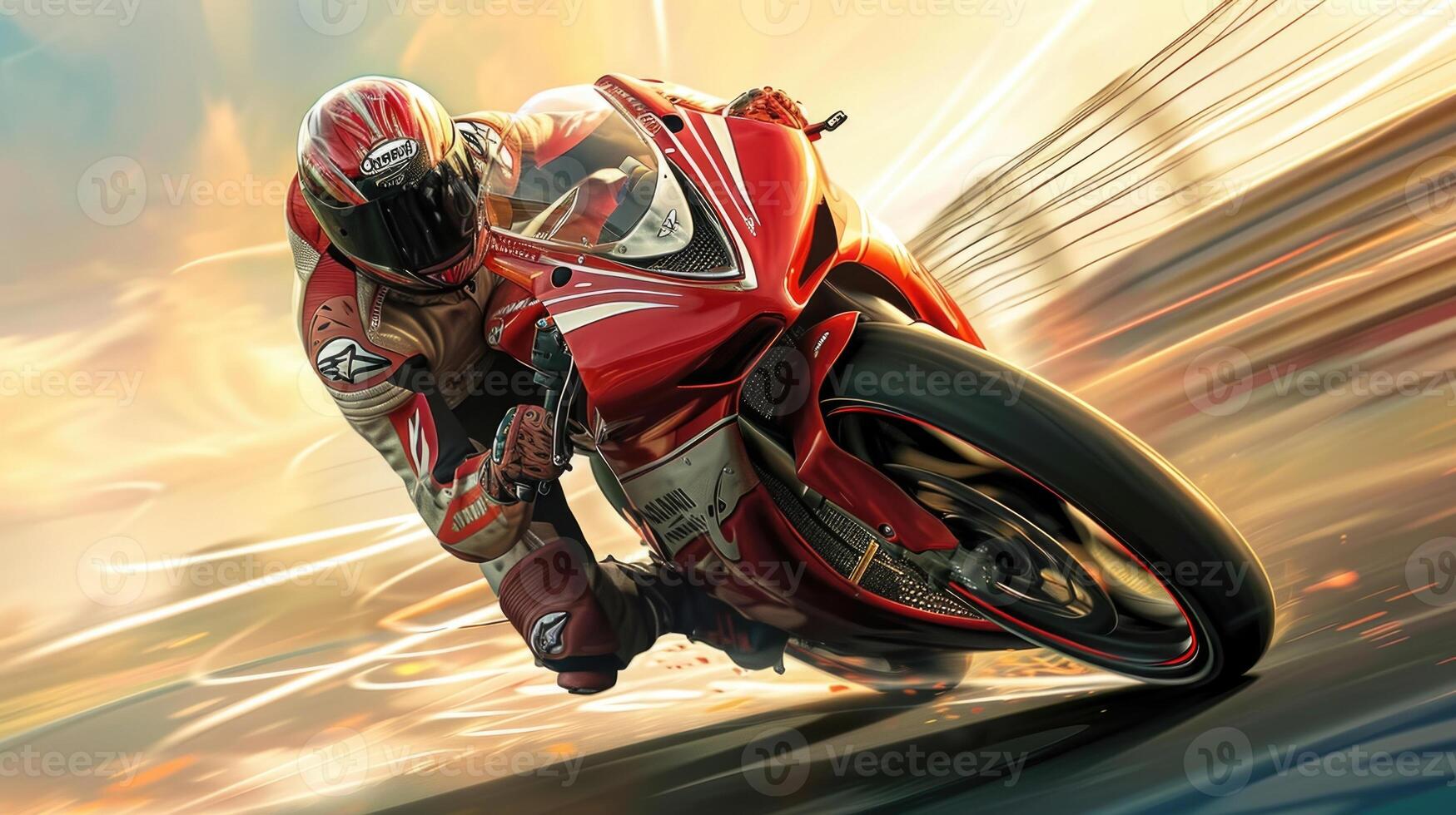 Full Speed Ahead A portrait of the racer in action, leaning low on their bike, speed lines blurring in the background, with their fullface helmet visible. photo