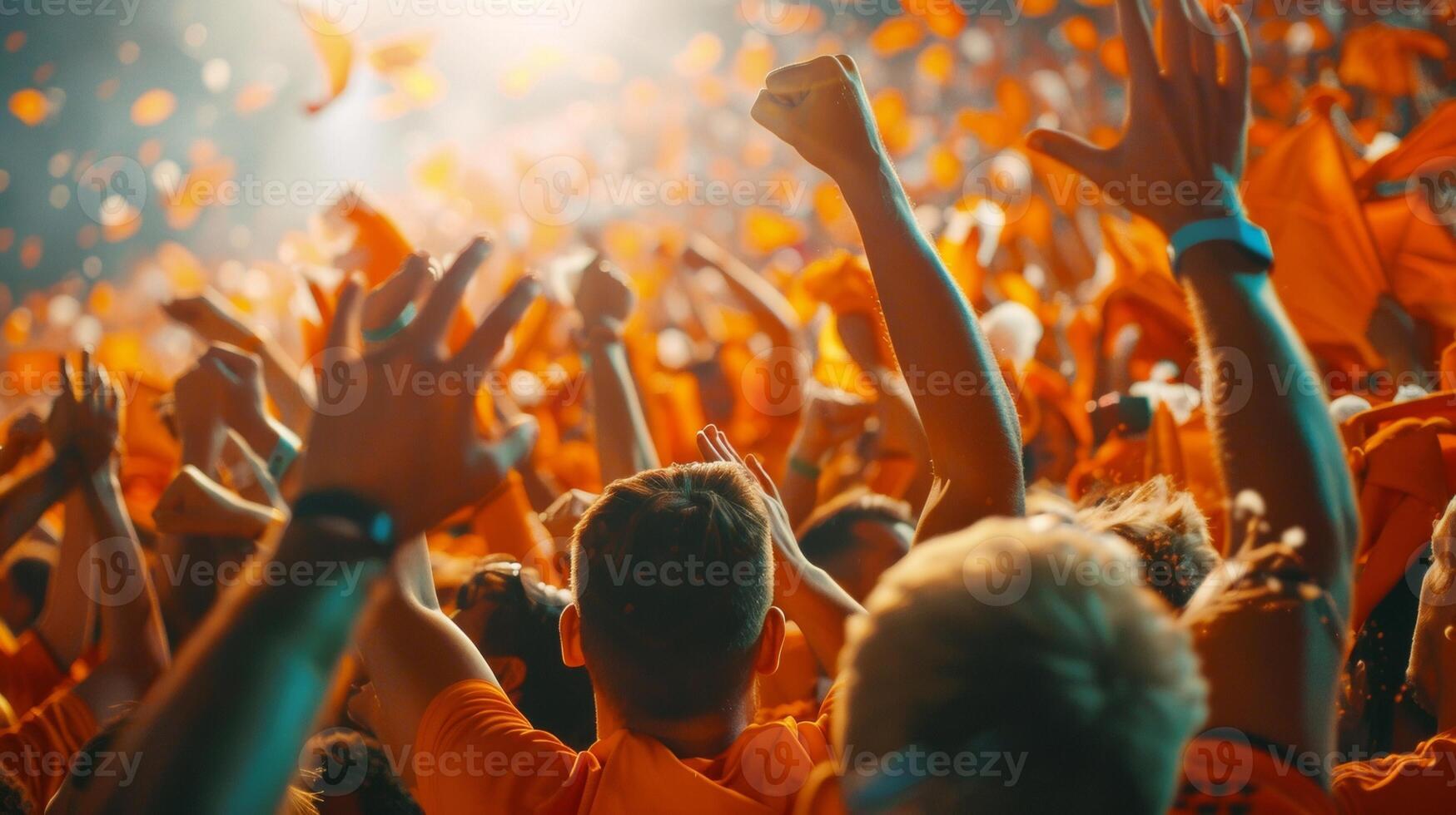 The stadium erupts in a sea of orange as fans jump to their feet to celebrate a winning goal photo