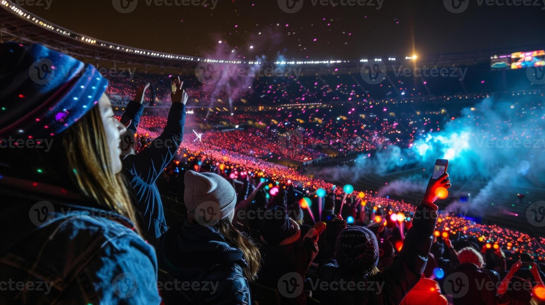 The energy in the stadium is electric as the spectators join in on the light show waving glow sticks and flashing their phone lights photo
