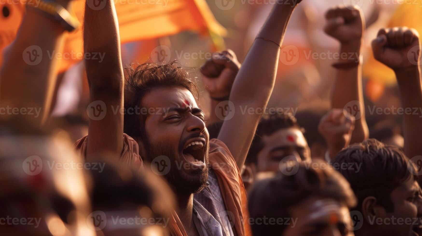 The energy of the crowd is palpable as they chant and wave their banners with fervor photo