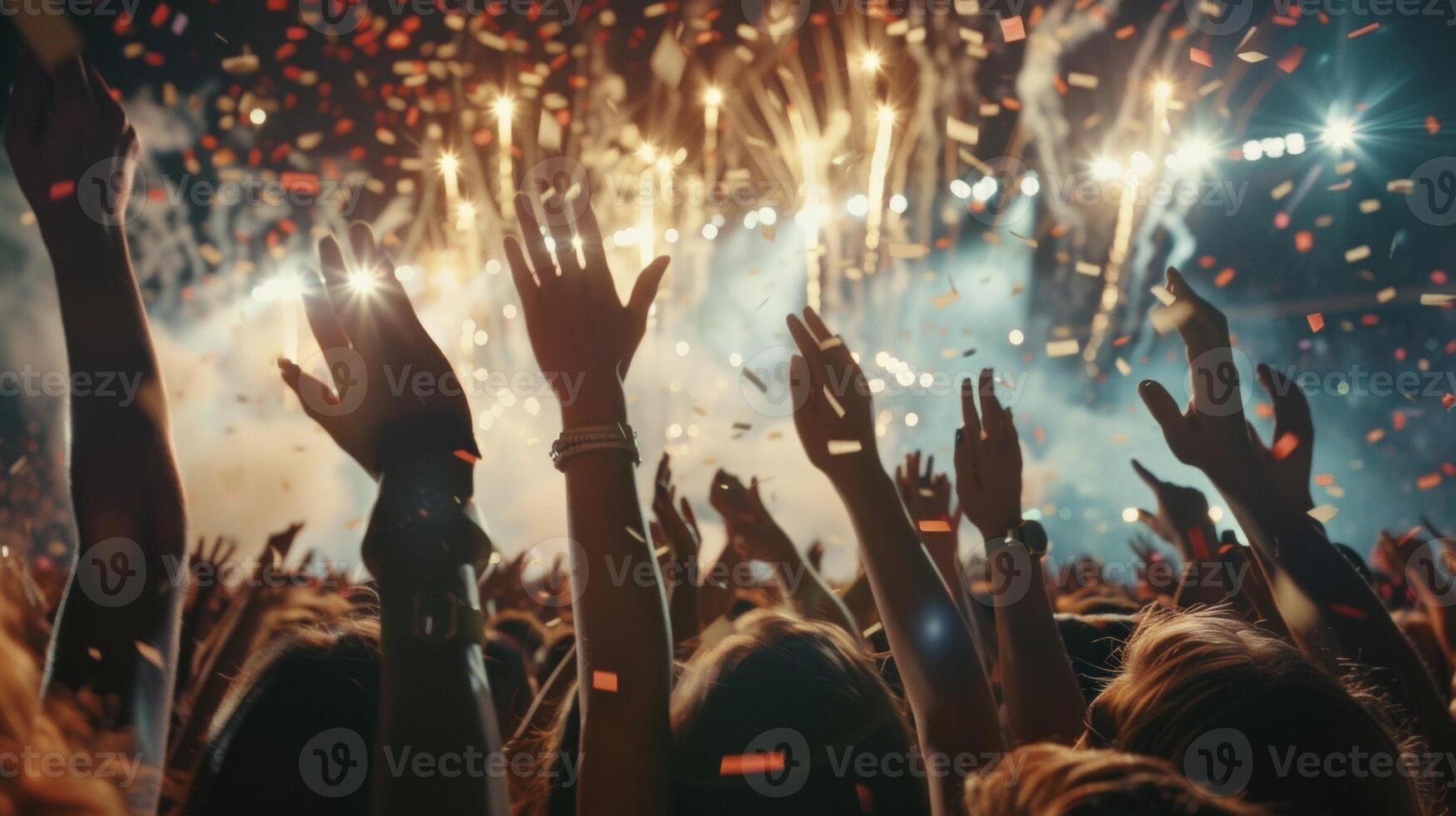 Smiling faces and hands raised in the air are illuminated by the glow of fireworks and the rain of confetti at the stadium photo