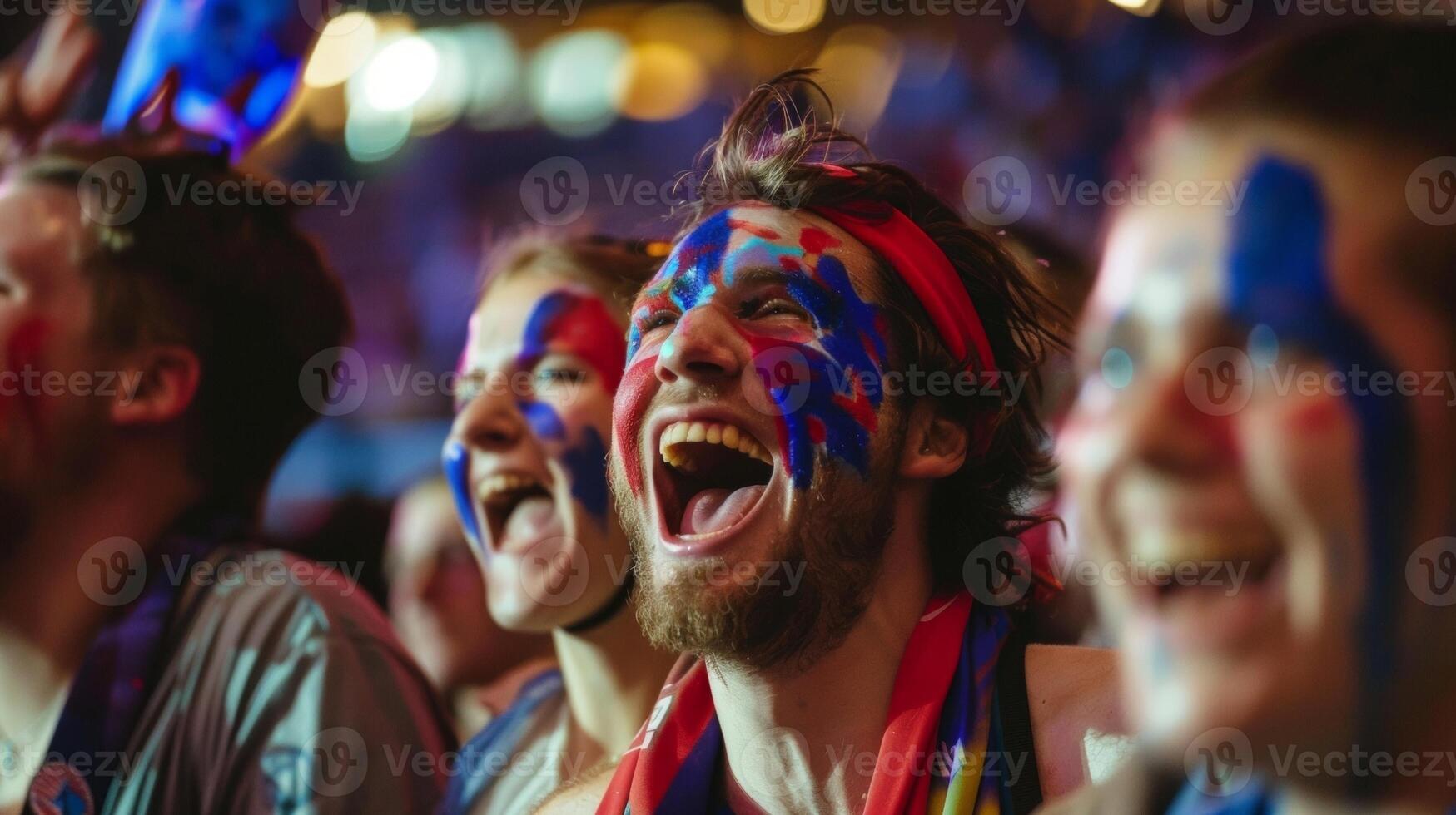 A group of diehard supporters danced and sang their faces painted with team colors as they celebrated their teams victory photo