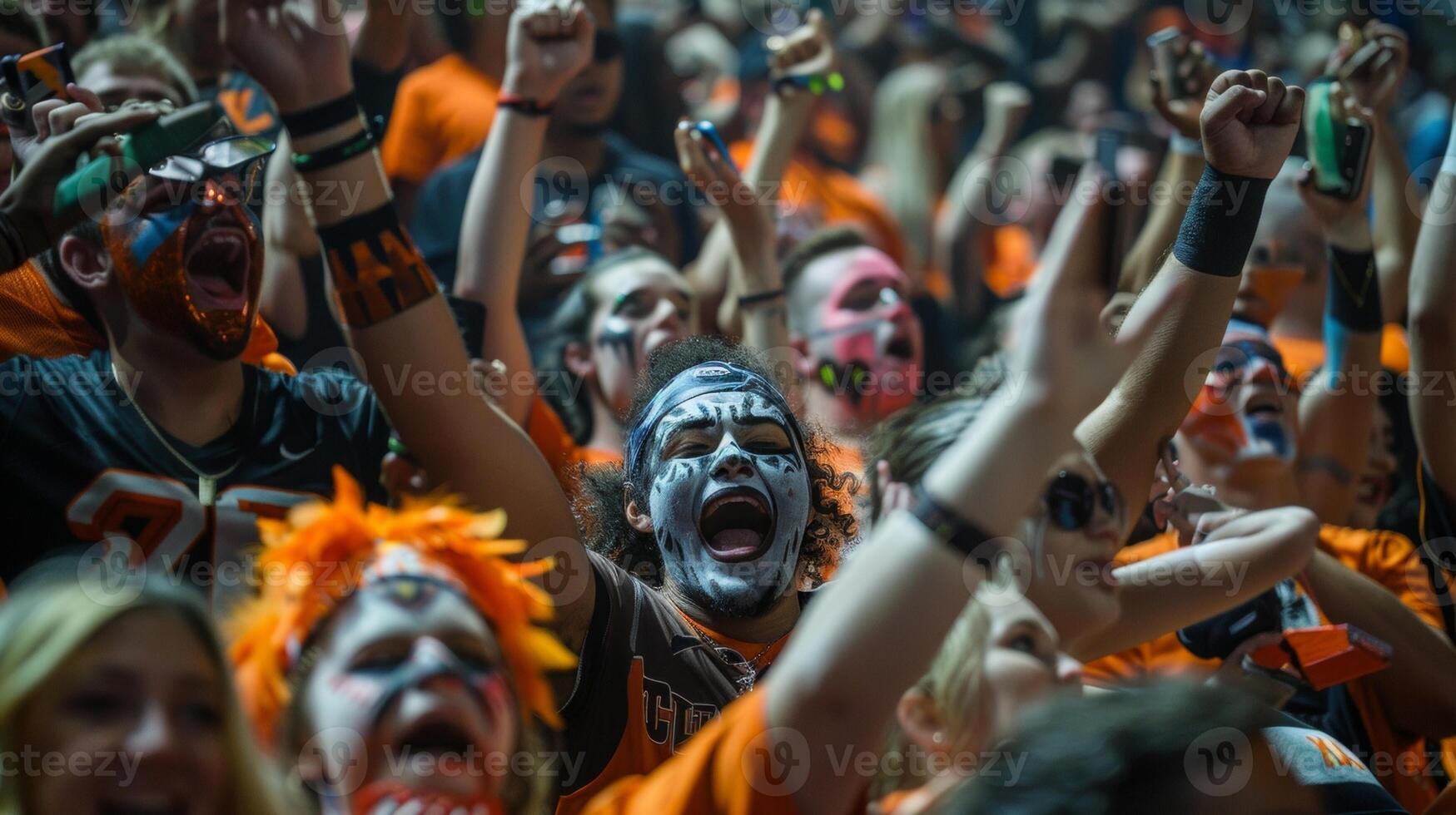 The atmosphere is charged with energy as fans in face paint and costumes rise to their feet in anticipation of the game photo