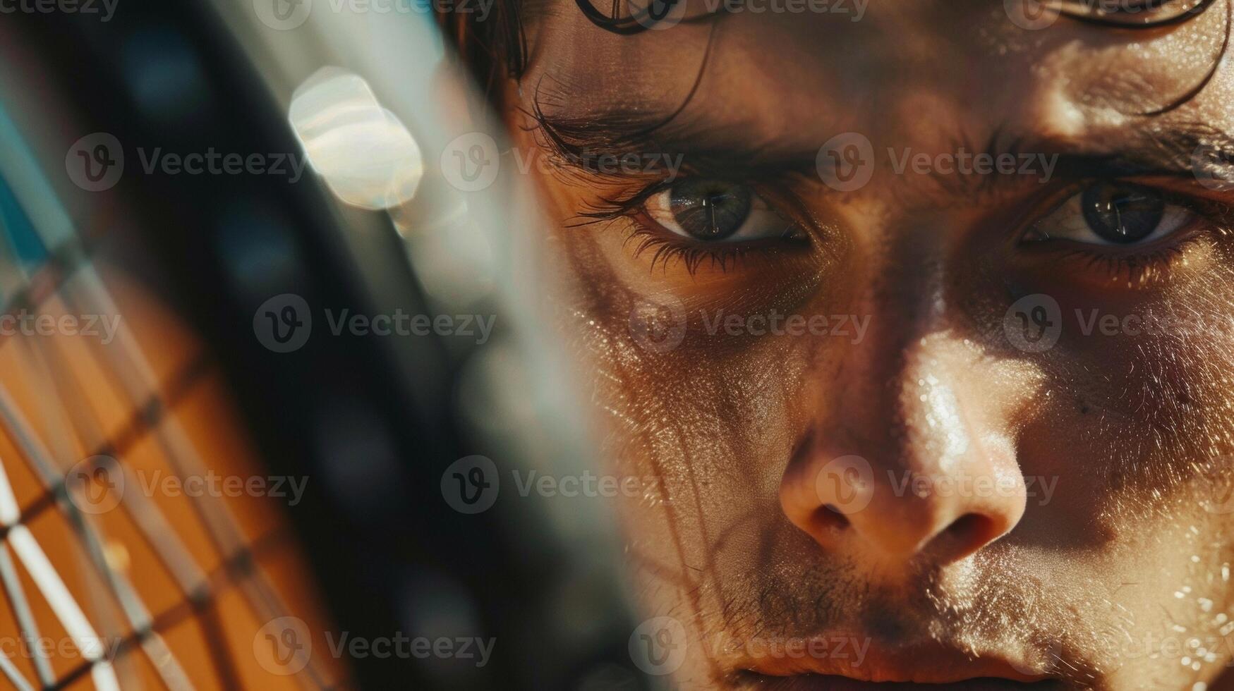 The furrowed brow of a tennis player shows their focus and strategy as they prepare to serve photo