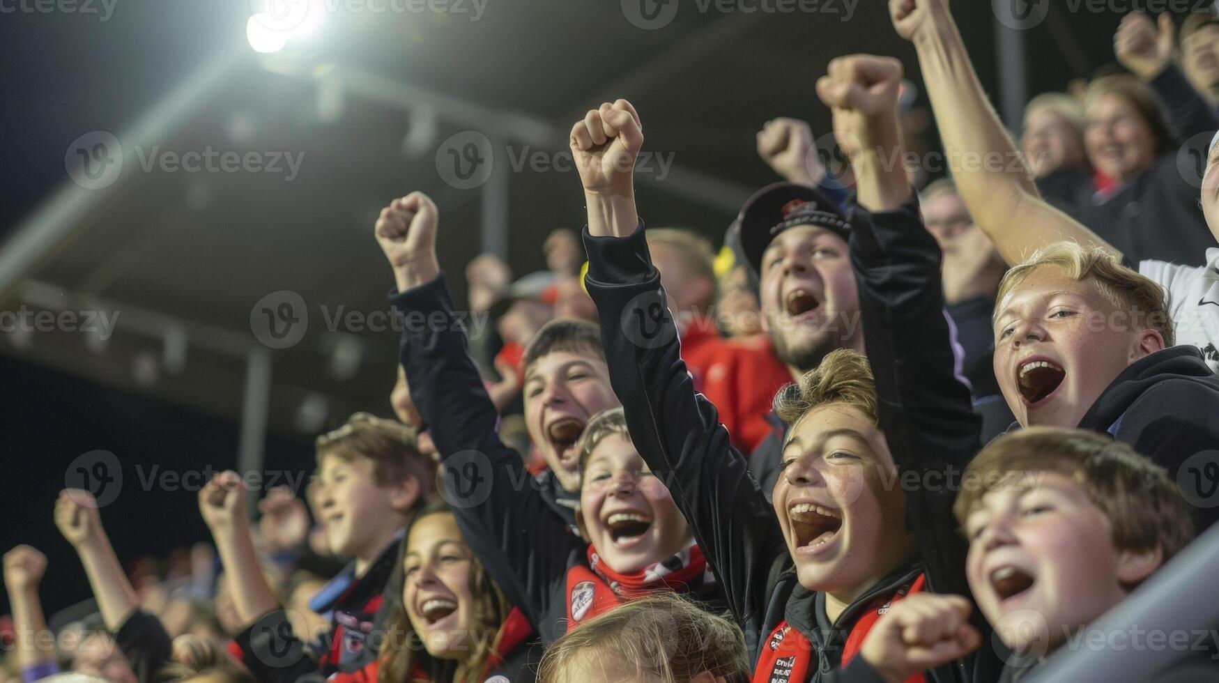 Fans of all ages jump for joy and raise their fists in triumph as their team secures the win with a final goal photo