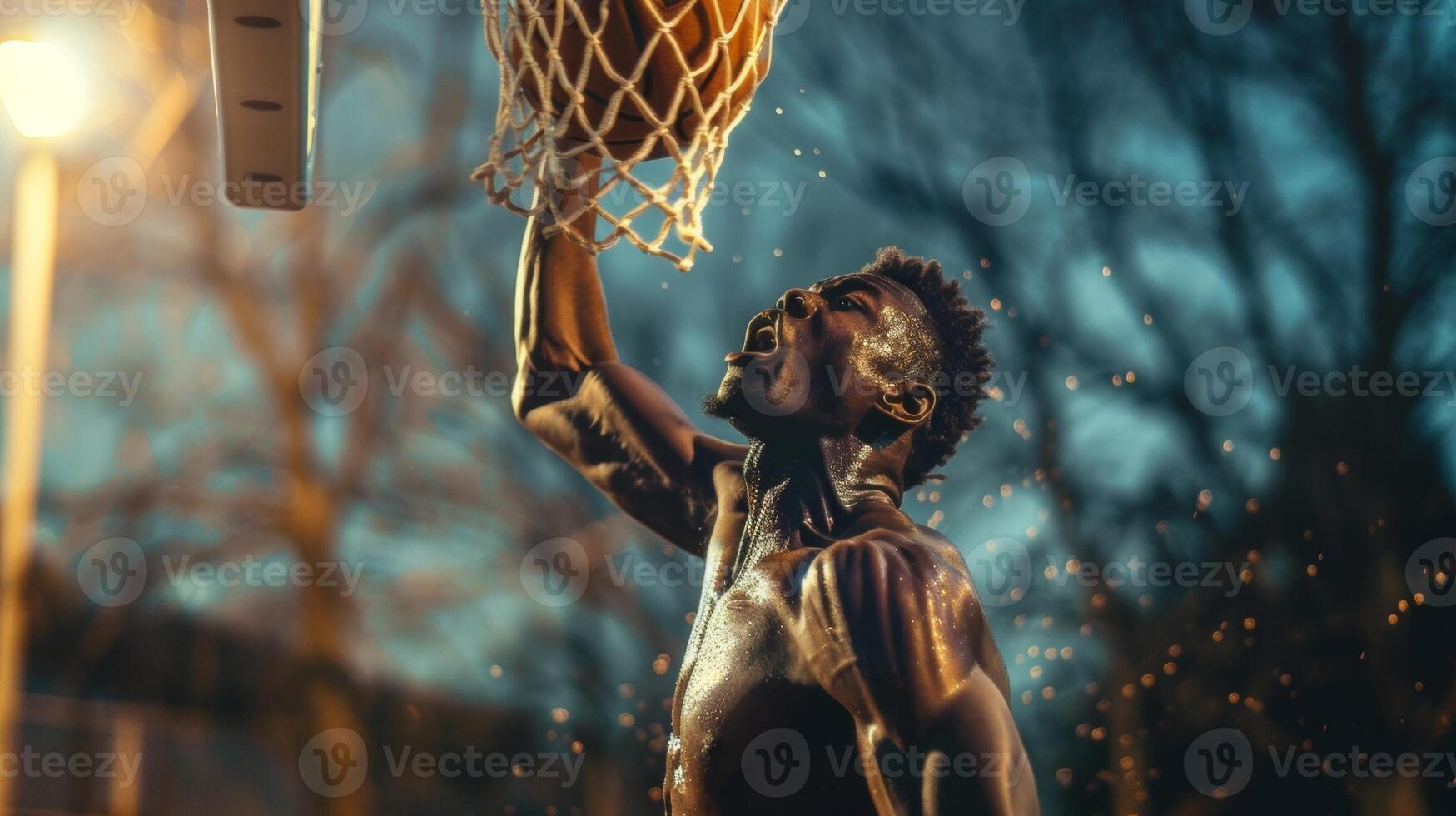 The sweat and determination evident on a basketball players face as they take a challenging jump shot photo