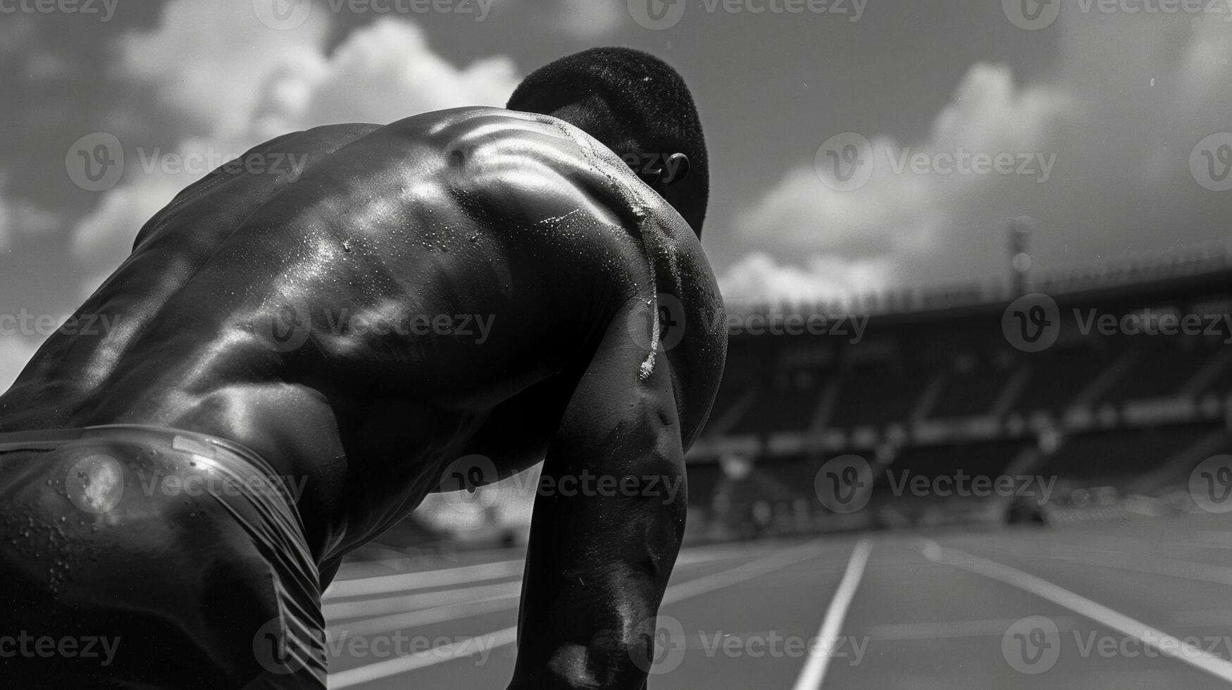 The muscles in a sprinters back tensed and ready for the explosive start of the race photo