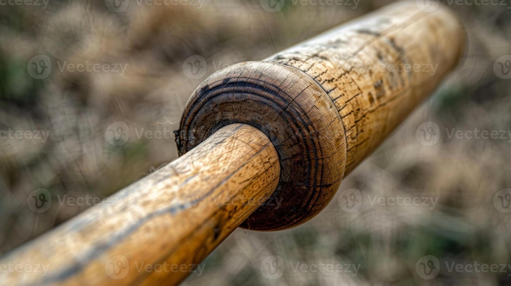 The wooden bat closeup and weathered from years of use on the field photo