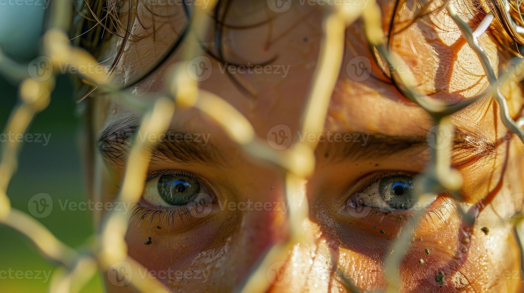 A closeup of a goalkeepers eyes as they yze the trajectory of a free kick photo