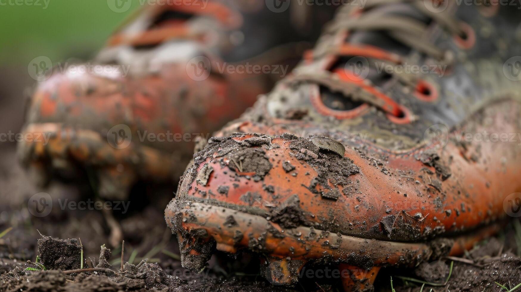 A closeup of the cleats reveals the dirt and grass stains from intense use during the game photo