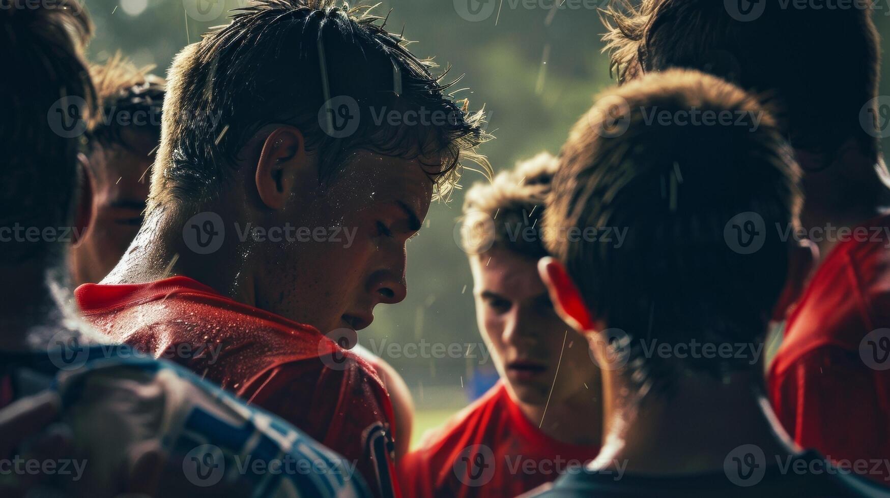 Sweat glistening on the foreheads of players as they huddle together strategizing photo