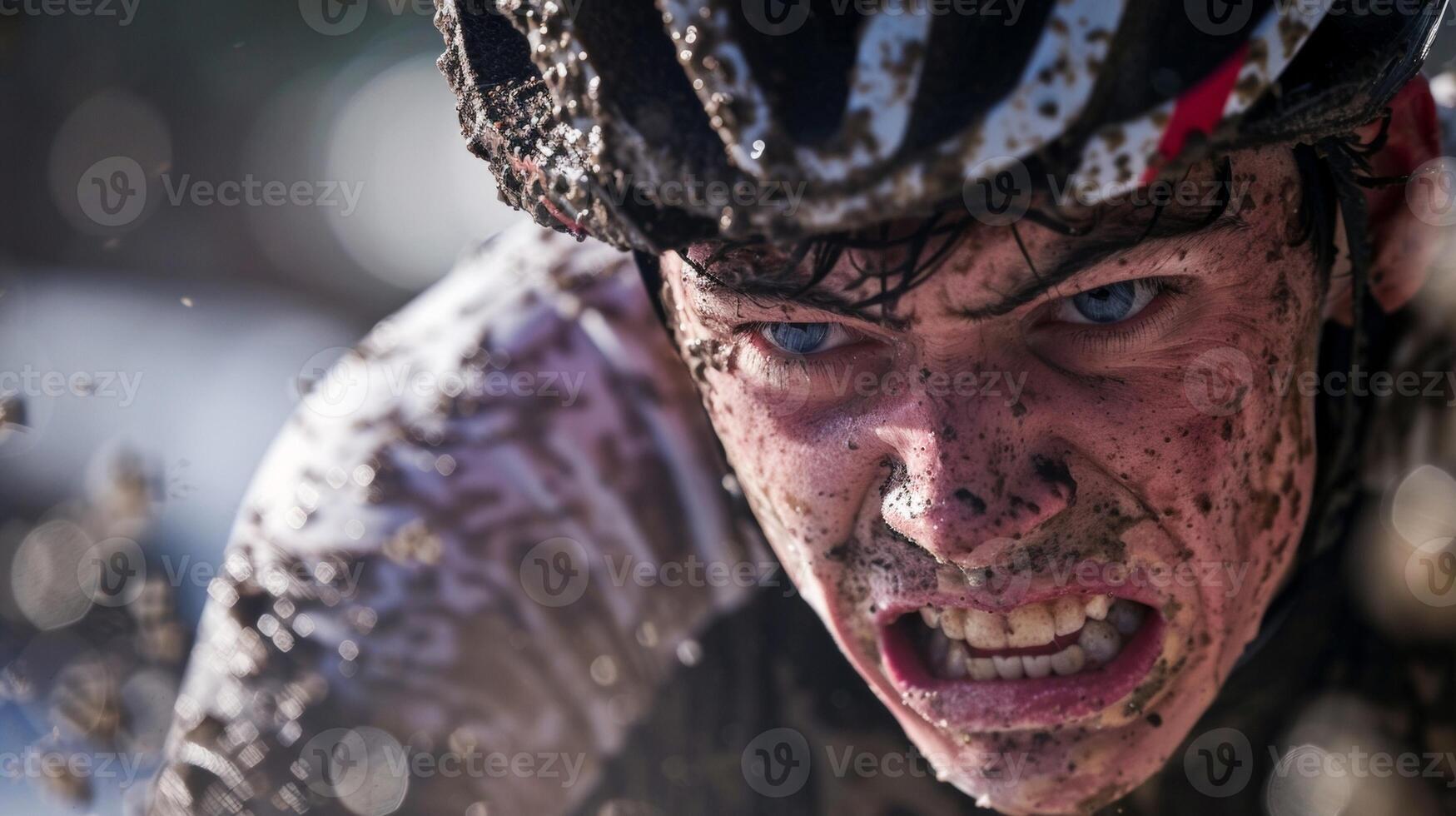 The sweatdrenched jersey and gritted teeth showing the intensity of the race photo
