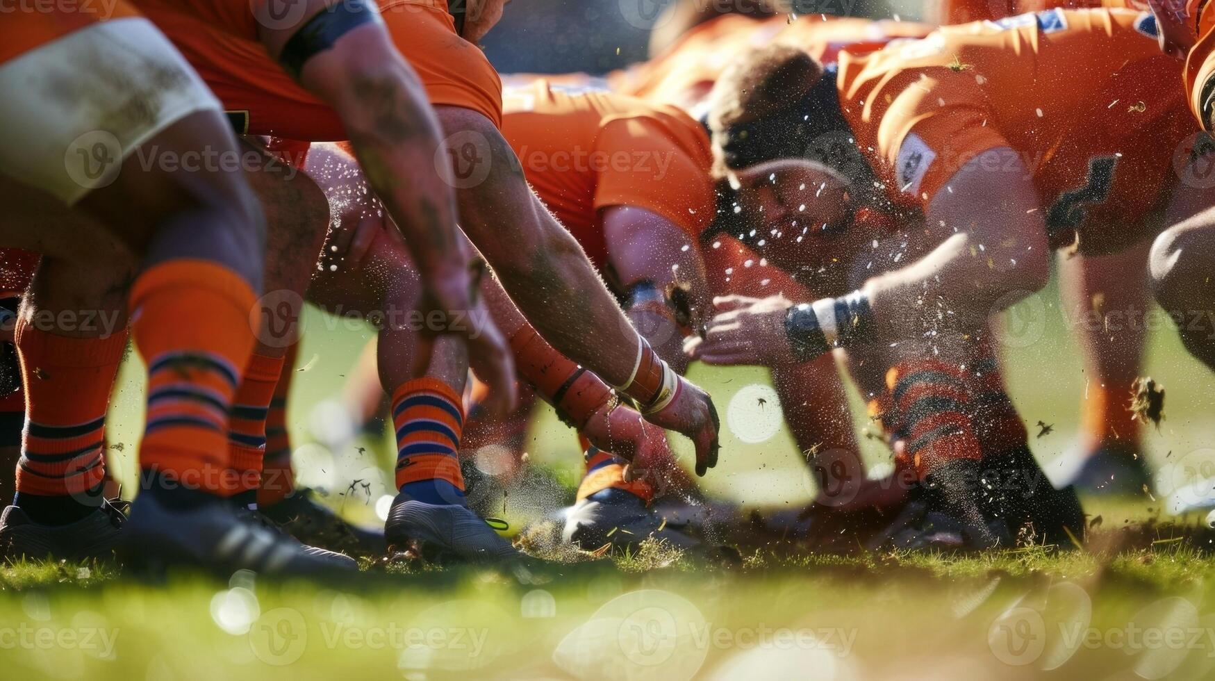 The impact and force of players bodies pressed against each other in a closeup scrum photo