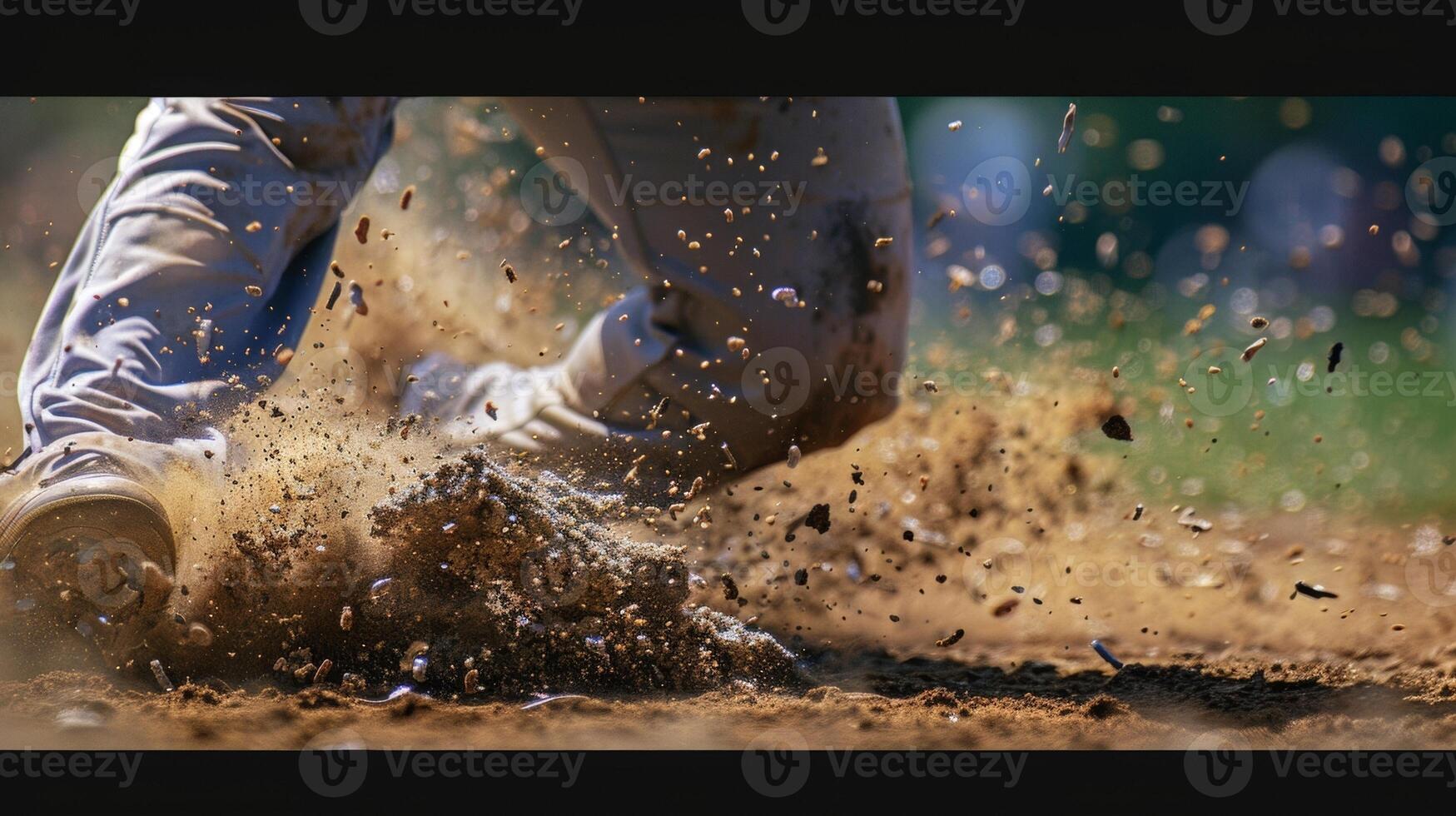 Up close and personal with a baseball player sliding into home base to avoid being tagged out photo