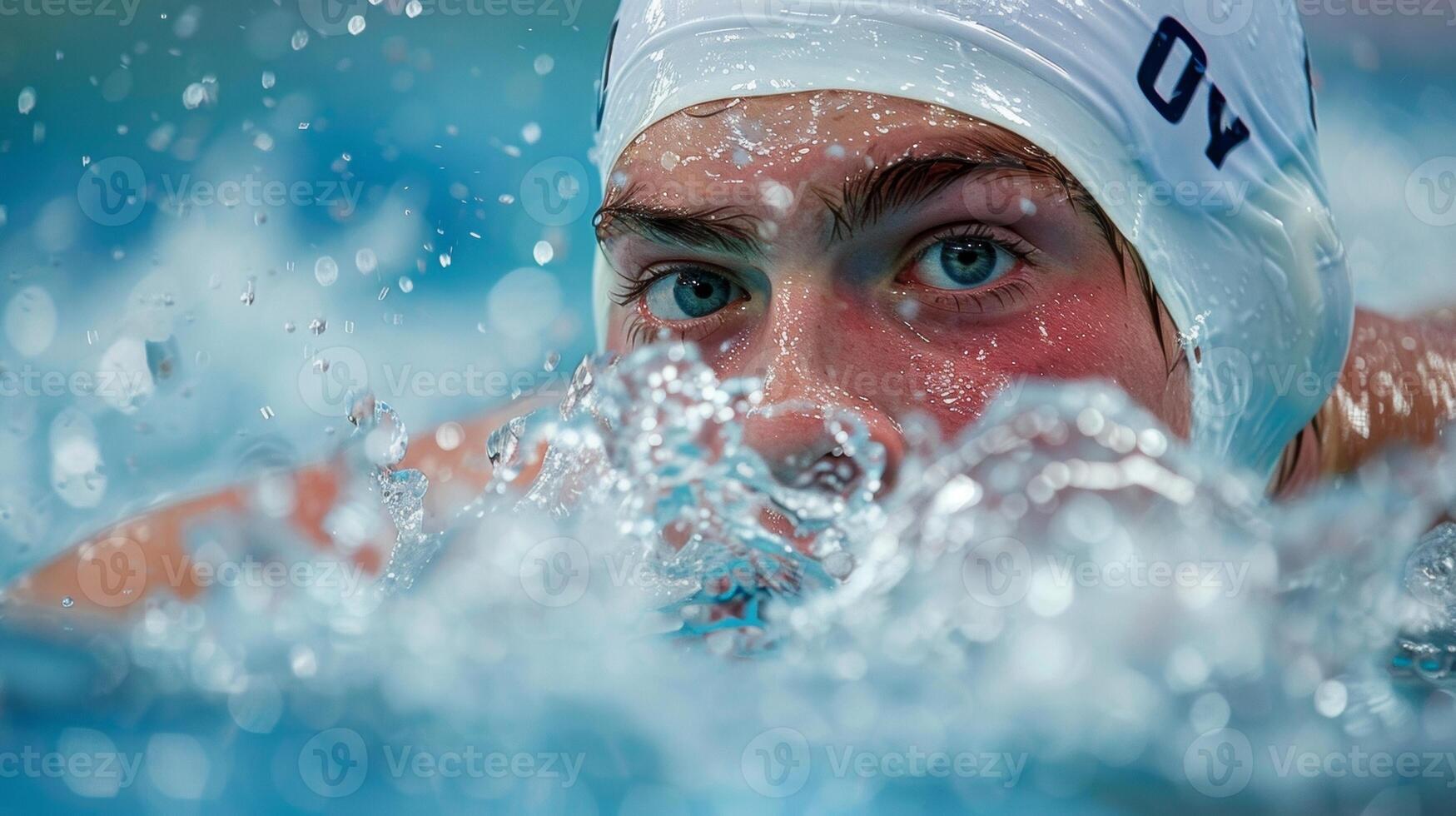 A closeup of a swimmers determined expression as they power through the water avoiding collisions with other competitors photo