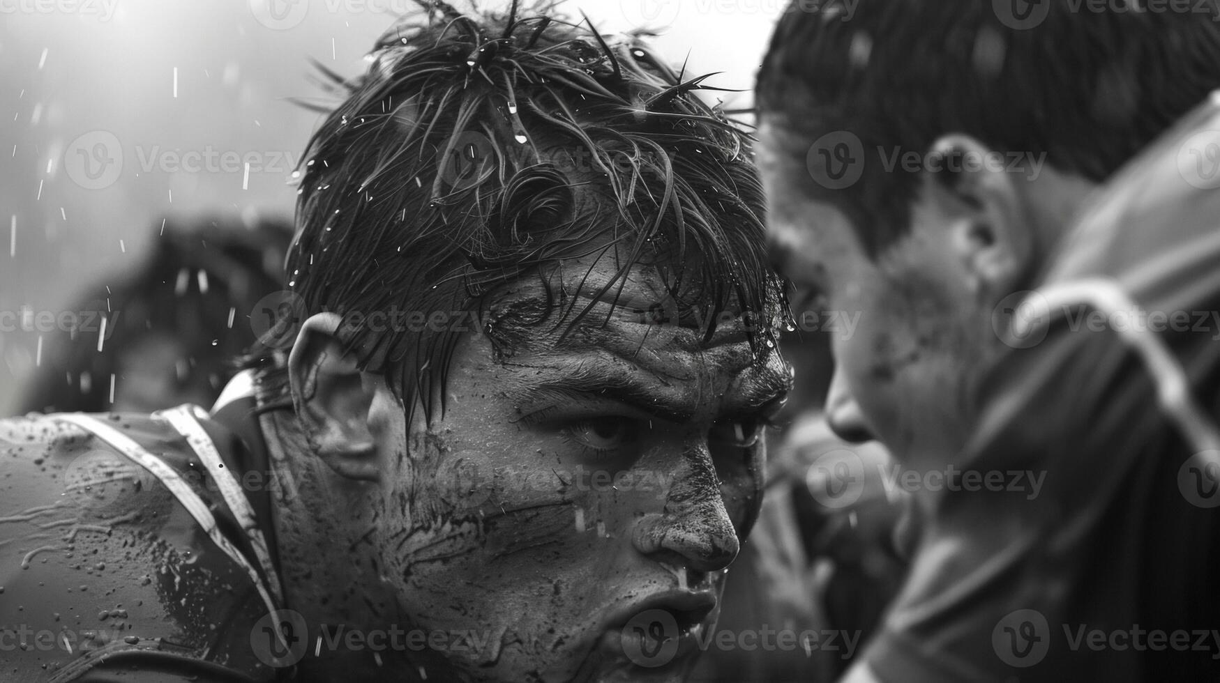 The intense concentration of players as they engage in a closeup scrum photo