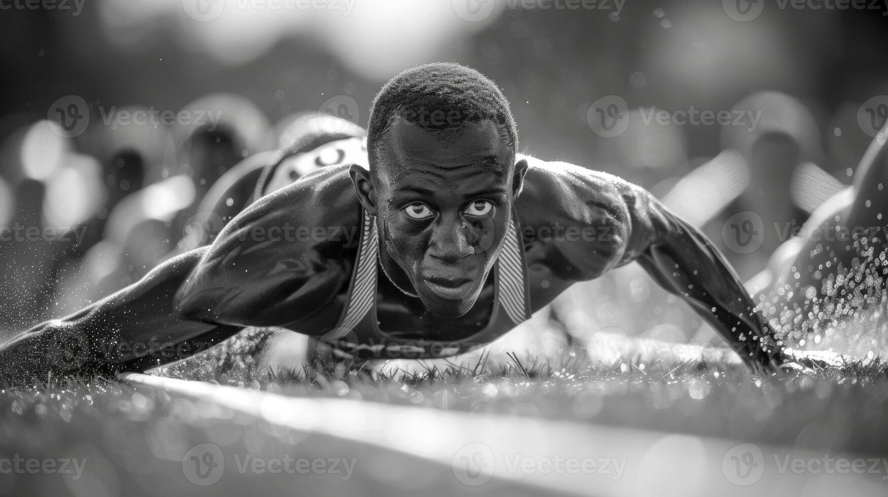 Focus and determination etched in every line of a sprinters face as they prepare to explode out of the starting blocks photo