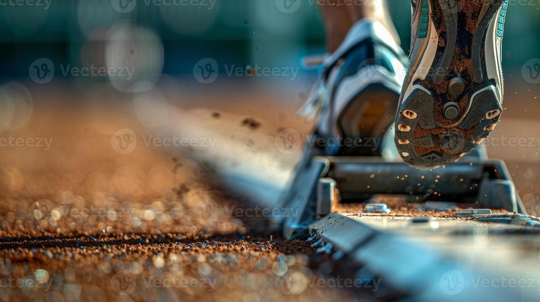 A closeup of a sprinters starting block worn and battered from countless races and still holding their weight with strength photo