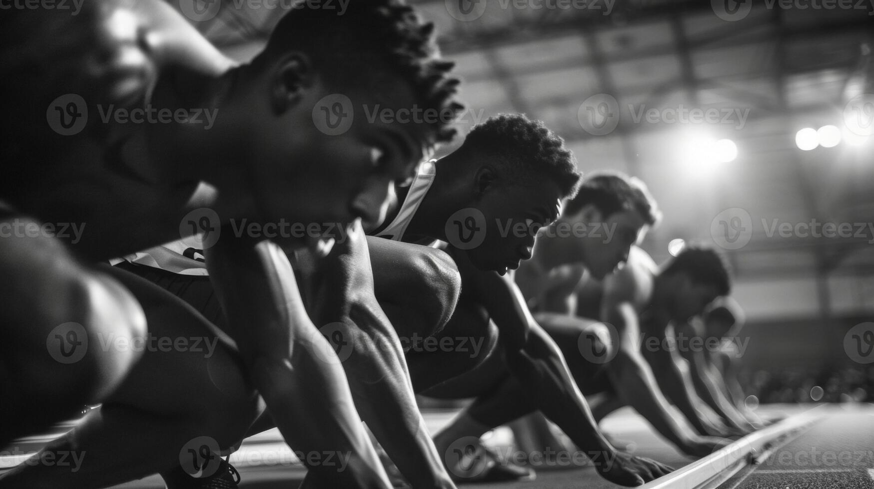 A moment frozen in time as sprinters crouch at the starting blocks their bodies coiled like springs about to be released photo