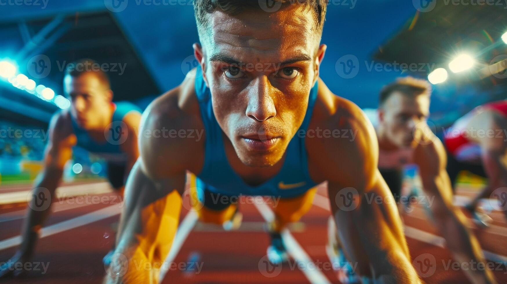 The stadium lights casting a dramatic glow on the determined expressions of sprinters at the starting blocks photo