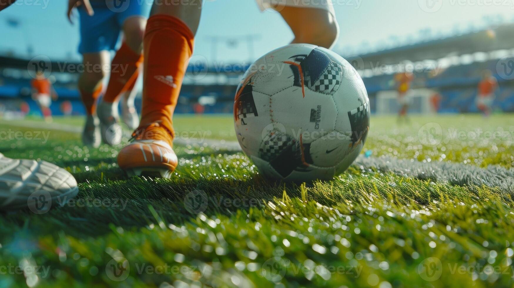 The teamwork and synchronization of two players feet as they pass the ball back and forth on the stadiums turf photo