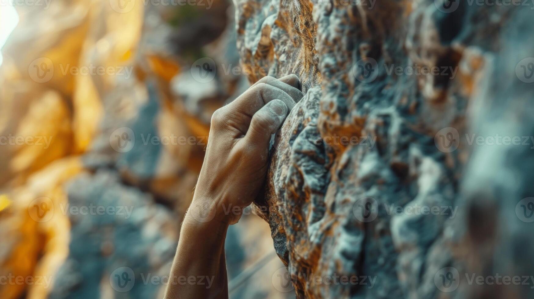The jagged edges of a rock climbers hand gripping onto the wall captured in a closeup shot of their ascent photo