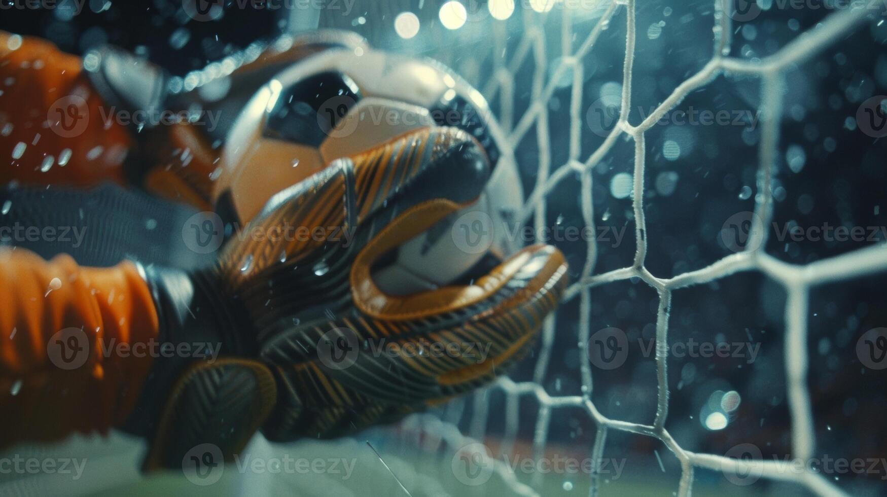 A dramatic closeup of the soccer ball just inches away from the goalkeepers gloves photo