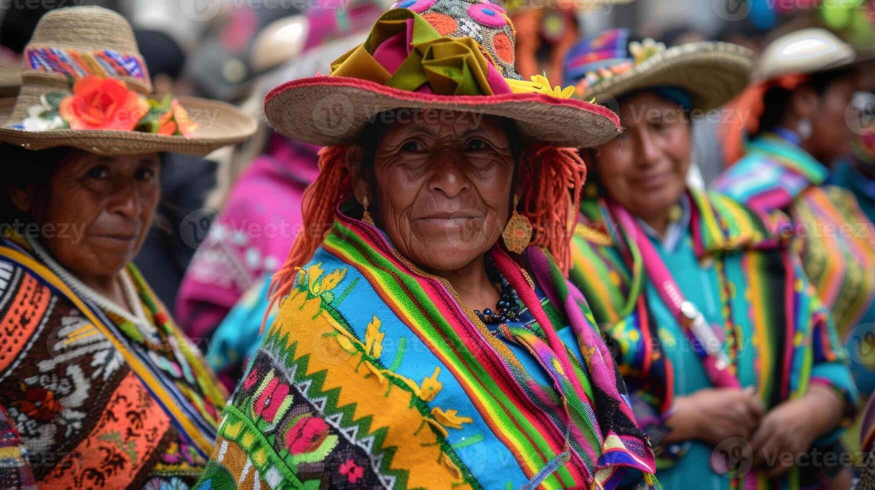 A group of people participating in a colorful cultural parade photo