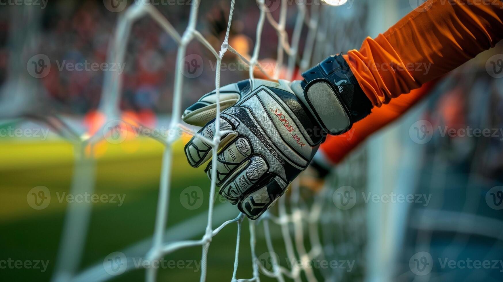 A closeup of the goalkeepers hands as they stretch to block the goal photo