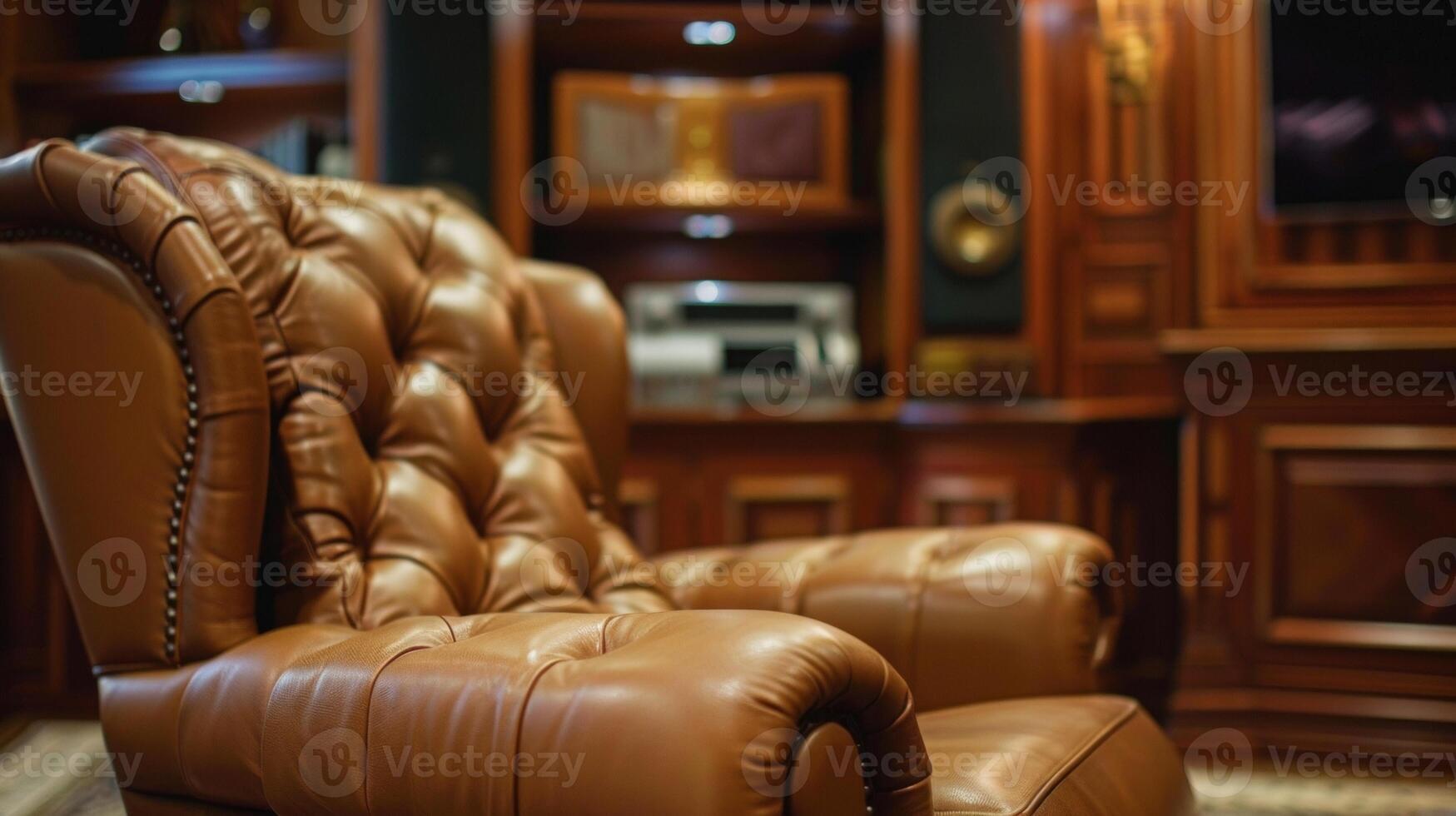 Closeup of a plush leather armchair with builtin cup holders surrounded by elegant wood paneling and a stateoftheart entertainment system photo