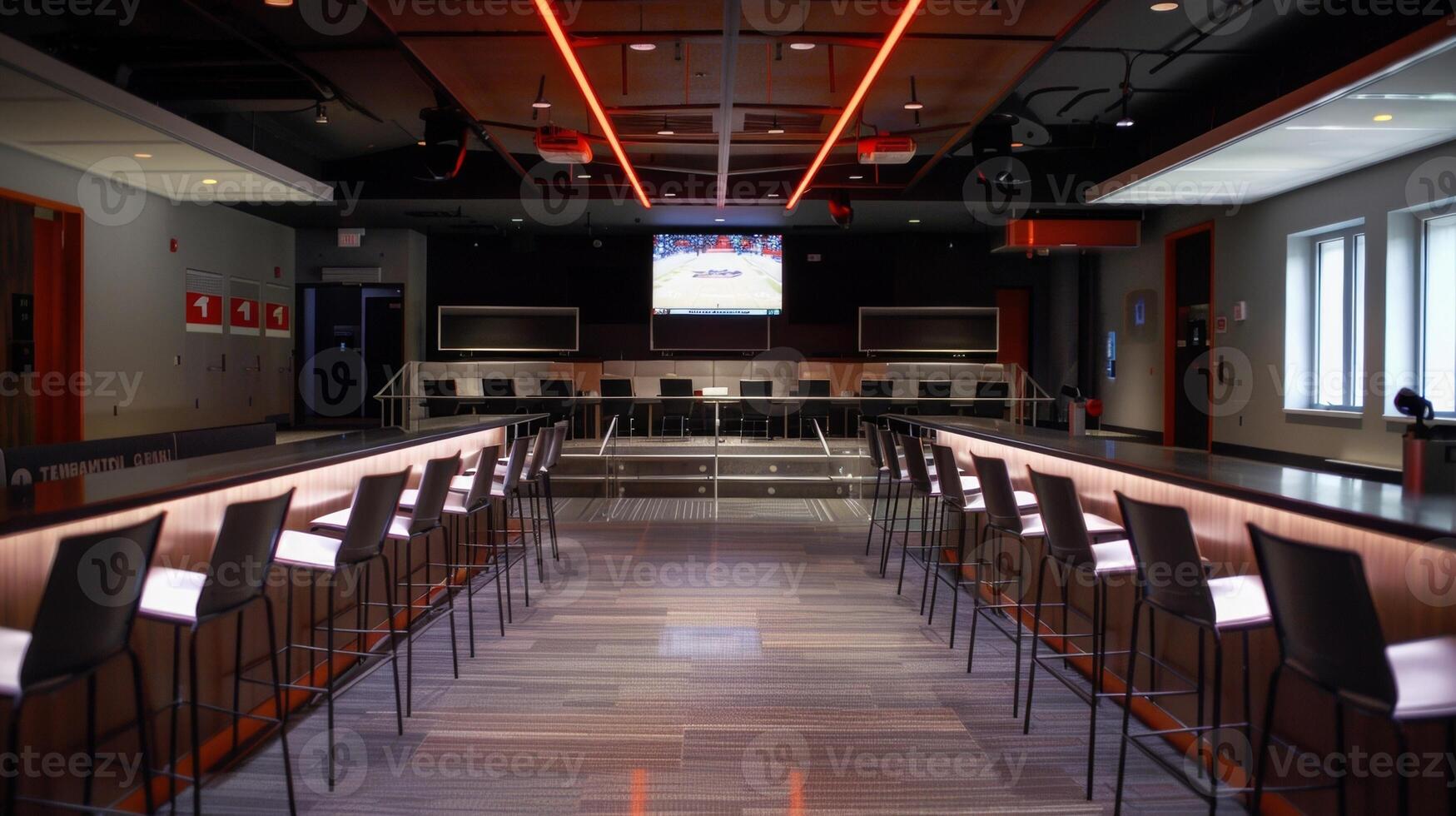 The sleek and modern press conference area ready to host postgame interviews and press conferences with players and coaches photo
