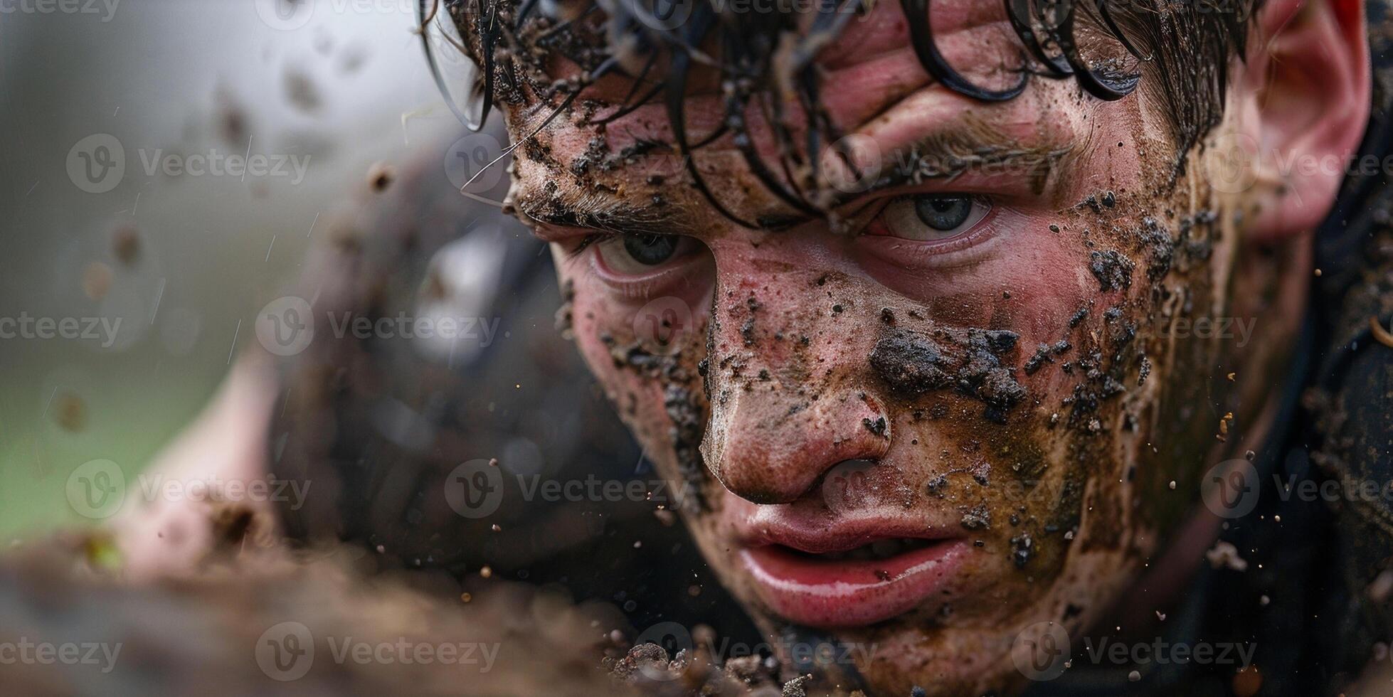 A closeup of a rugby players face full of grit and determination as he braces for impact in the scrum photo