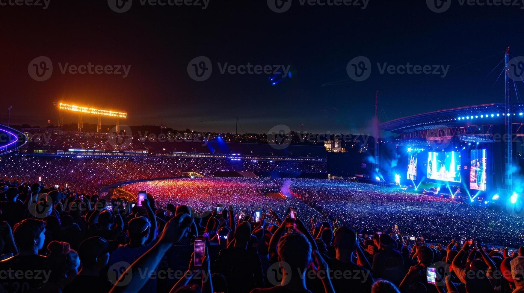 A nighttime concert at a stadium lit up by colorful lights and a sea of glowing phone screens photo