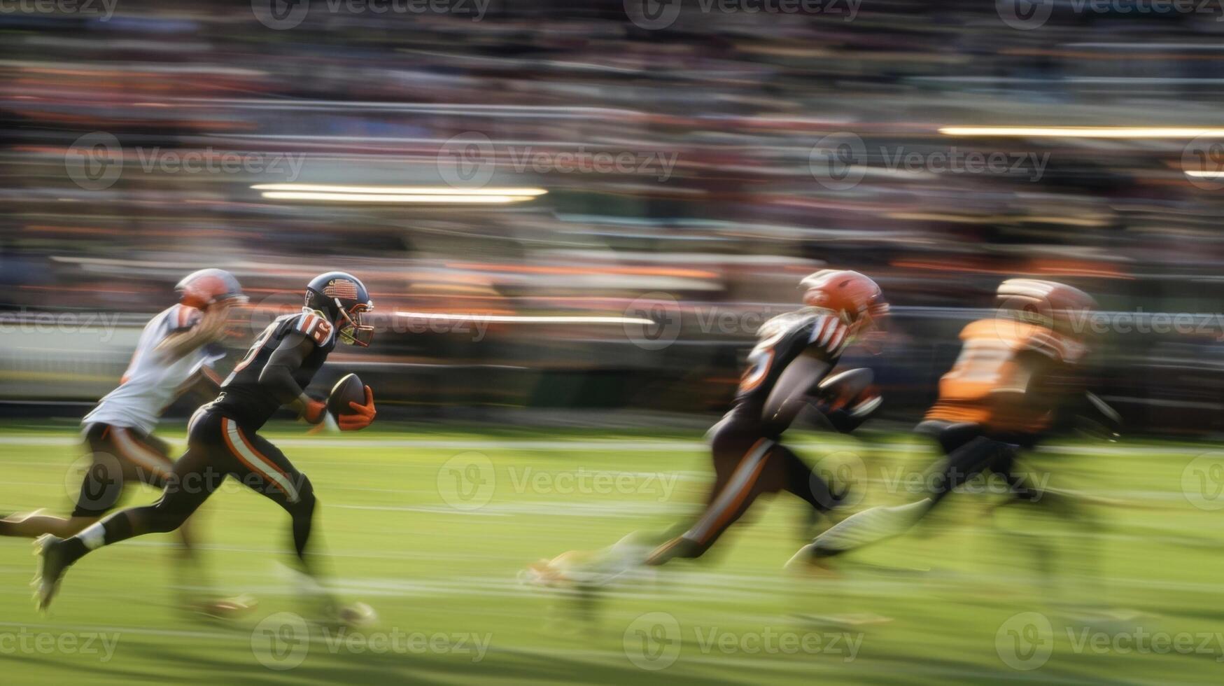 The players jerseys blur as they run across the field giving their all for their team and fans photo