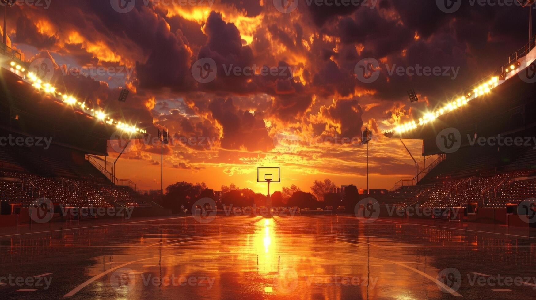 A breathtaking view of a sunset over a stadium with the bright lights of the court creating a stark contrast against the darkening sky photo