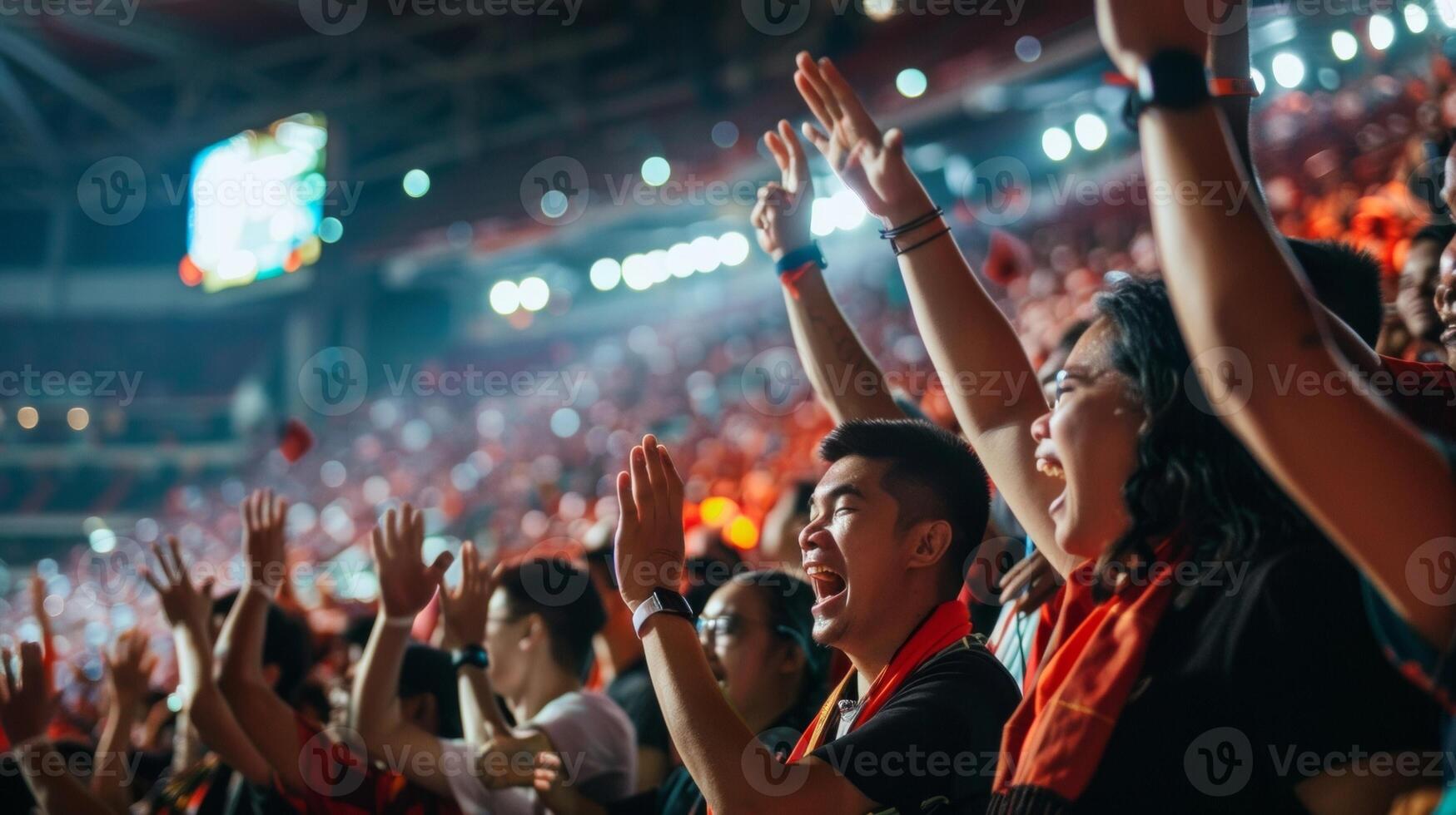 The energetic cheers and chants of rival team supporters create a lively and passionate atmosphere within the stadium photo