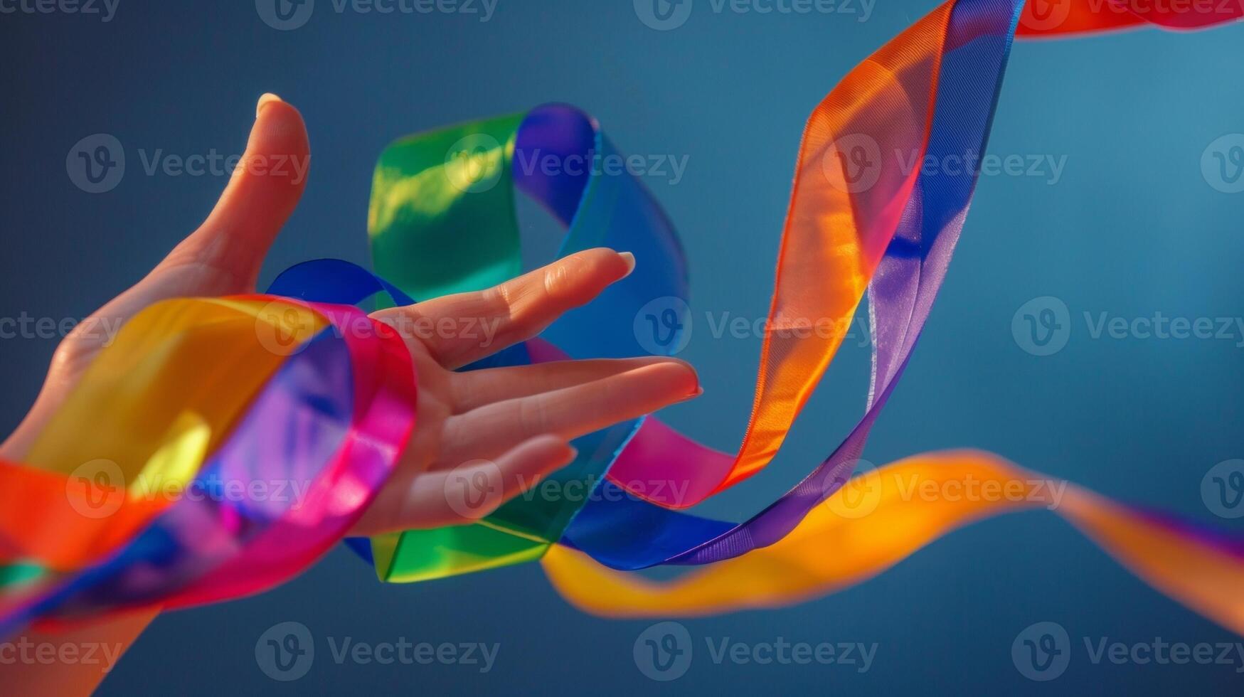 A rhythmic gymnasts colorful ribbon spirals around their hand adding a dynamic element to their performance photo