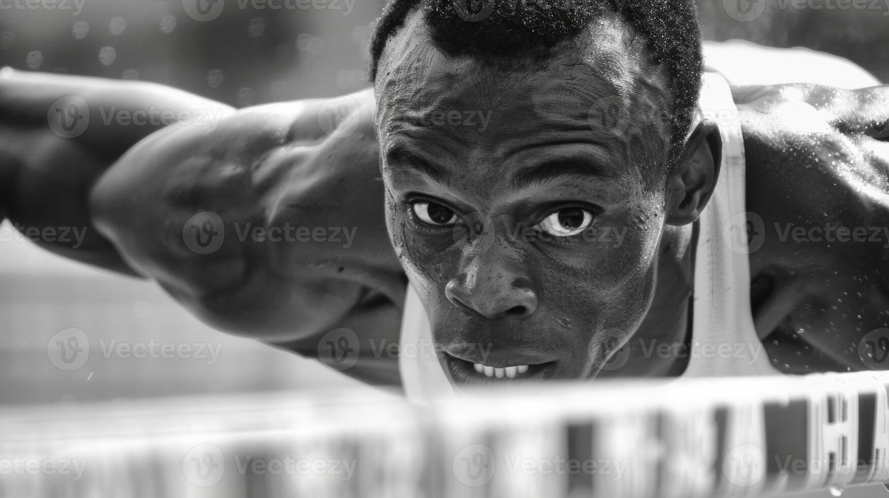 A hurdlers face contorts in effort as they soar over the final obstacle photo