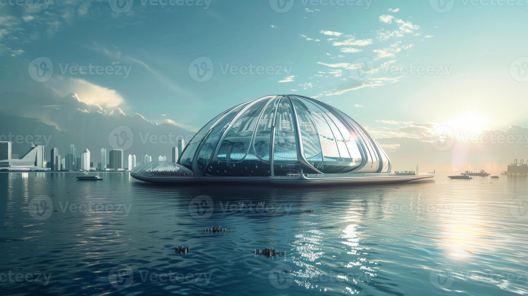 A striking floating stadium designed to resemble a futuristic glass dome offering panoramic views of the surrounding water and cityscape a true marvel on the water photo