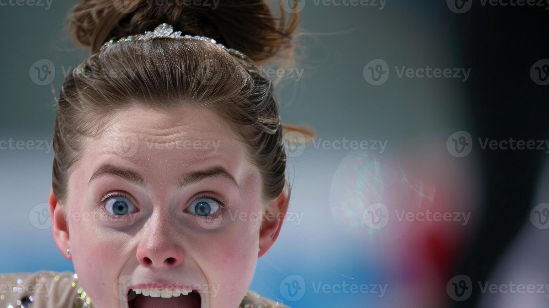 A wideeyed expression of excitement from a figure skater as they complete their performance photo