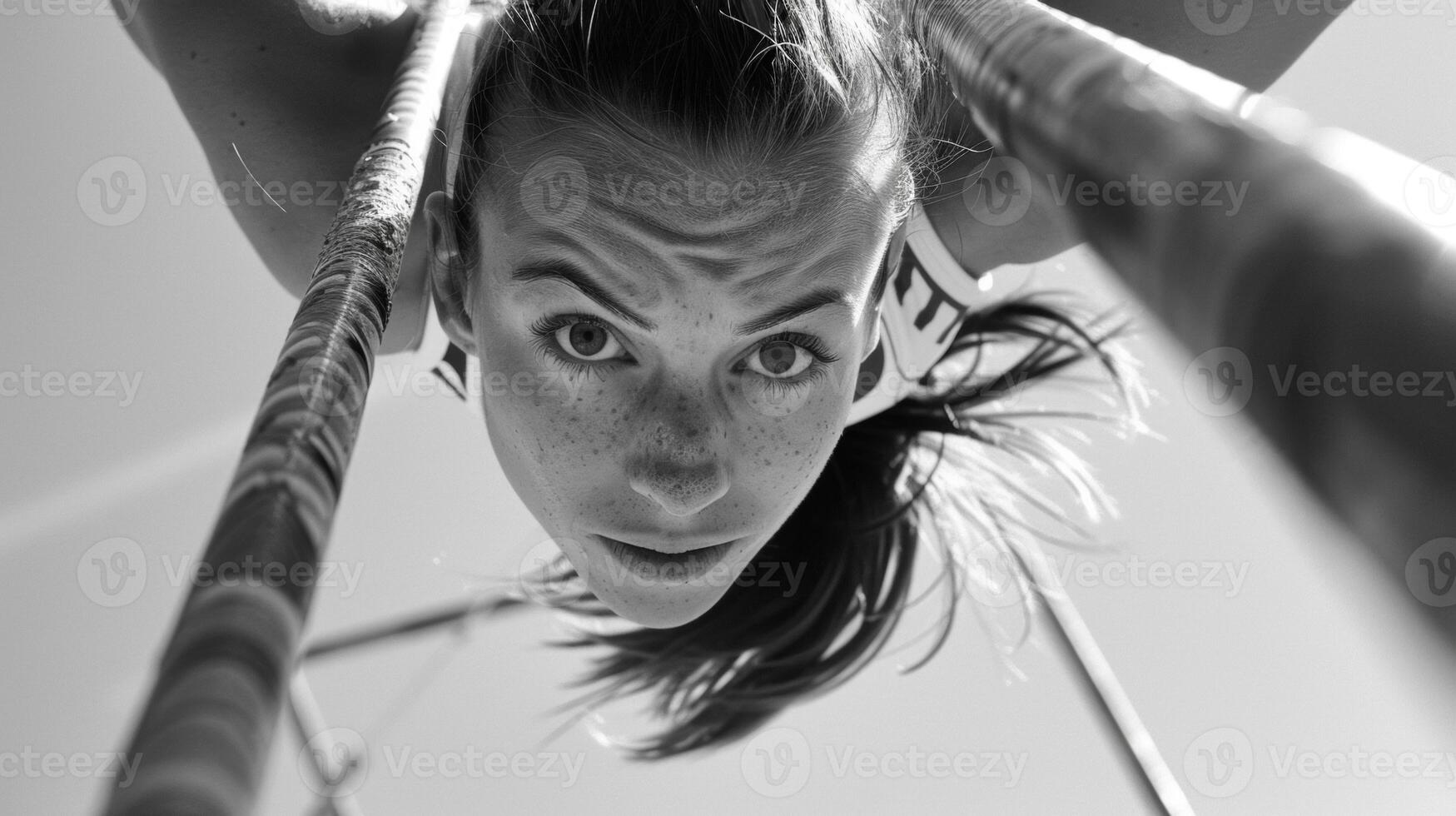The focused gaze of a pole vaulter as they launch themselves over the final bar photo