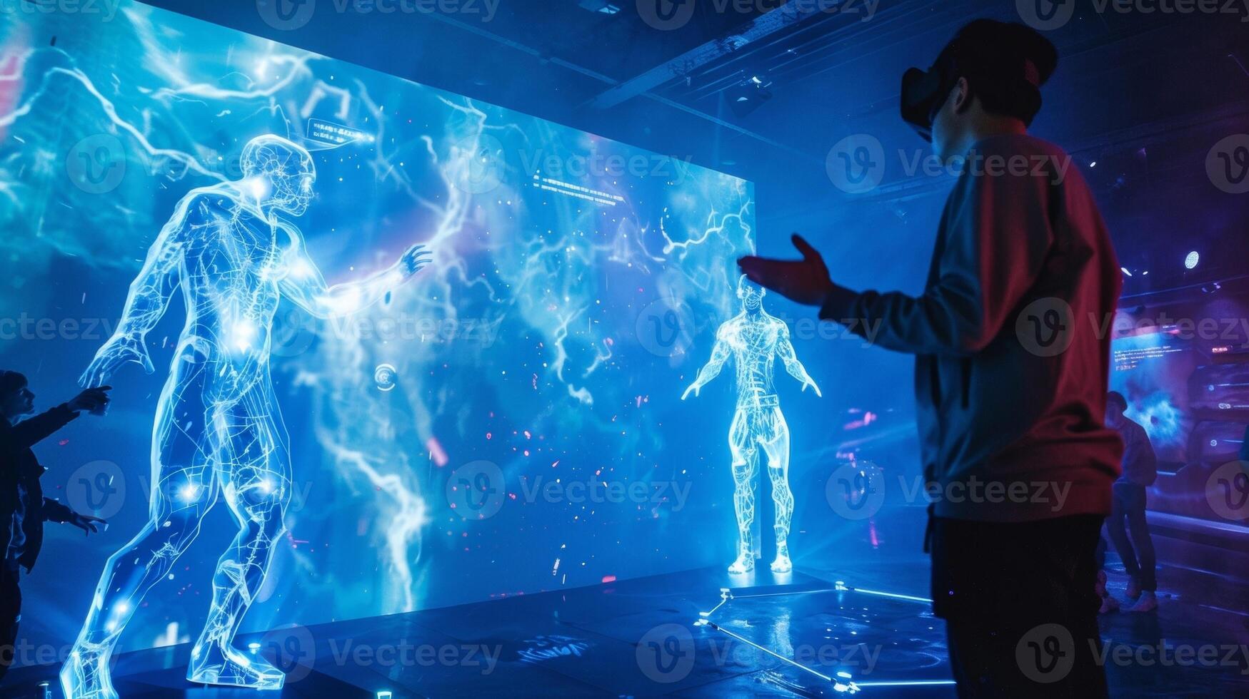 Giant holographic players battling each other in a virtual reality game fans watching in awe as the virtual world comes to life photo